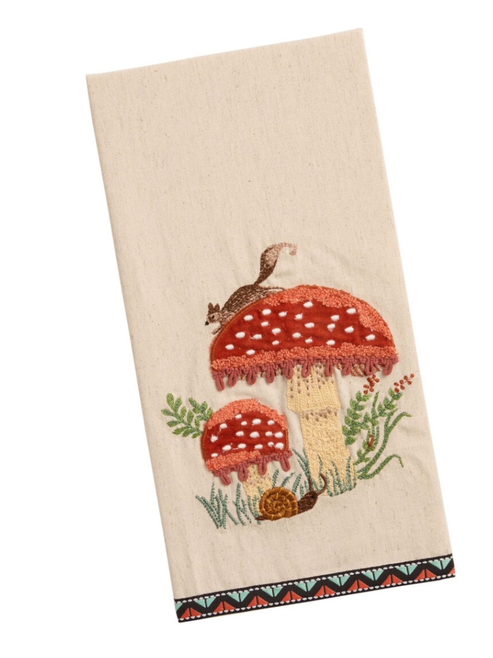 WORLD MARKET EXCLUSIVE Oatmeal Embroidered Critters Kitchen Towel, Rust Mushroom